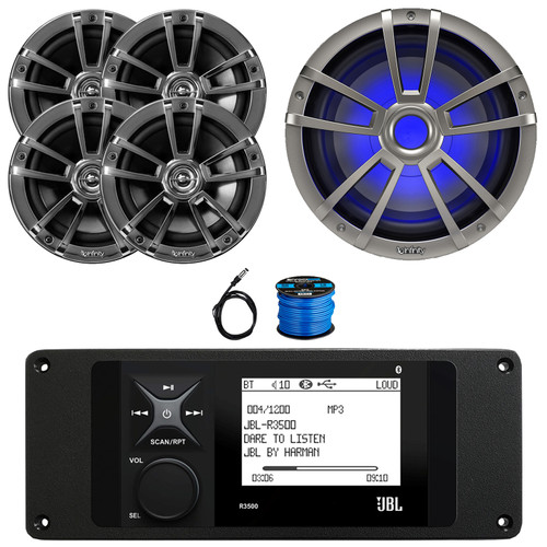 JBL R3500 Marine Bluetooth USB/AUX AM/FM Weather-Resistant Digital Media Stereo Receiver w/ Adaptor Plate, 4x 6.5" 225W Max Power 2-Way Chrome Speakers, 10" 750W Max LED Subwoofer, Antenna, Wire