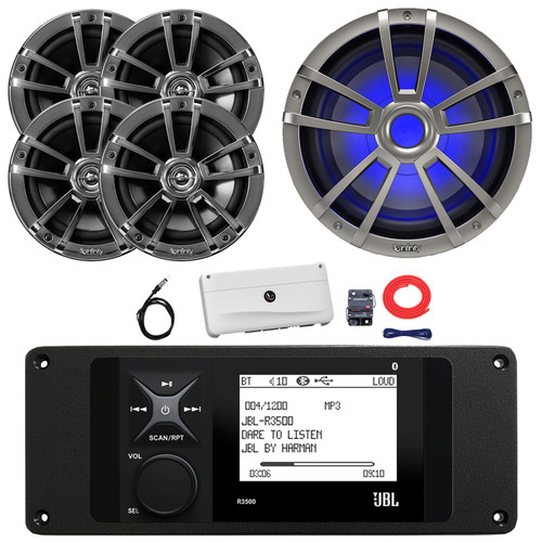 JBL R3500 Marine Bluetooth USB/AUX AM/FM Weather-Resistant Digital Media Stereo Receiver w/ Adaptor Plate, 4x 6.5" 225W Max Speakers, 10" 750W Max RGB Subwoofer, 5 Channel Amplifier w/Kit, Antenna