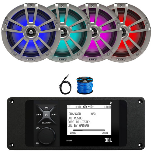 JBL R3500 Marine Bluetooth USB/AUX AM/FM Radio Weather-Resistant Digital Media Stereo Receiver w/Install Adaptor Plate, 4x 6.5" 225W Max Waterproof RGB LED Titanium Speakers, Antenna, Speaker Wire