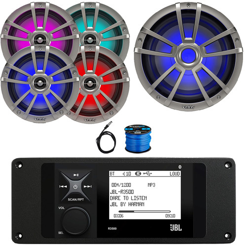 JBL R3500 Marine Bluetooth USB/AUX AM/FM Weather-Resistant Digital Media Stereo Receiver w/ Adaptor Plate, 4x 6.5" 225W Max Power RGB LED Titanium Speakers, 10" 750W Max Subwoofer, Antenna, Wire