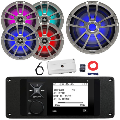 JBL R3500 Marine Bluetooth USB/AUX AM/FM Weather-Resistant Digital Media Stereo Receiver w/ Adaptor Plate, 4x 6.5" 225W Max Speakers, 10" 750W Max Subwoofer, 5 Channel Amplifier w/Kit, Radio Antenna