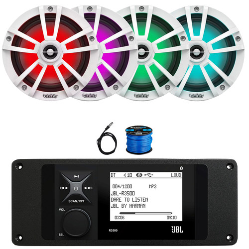 JBL R3500 Marine Bluetooth USB/AUX AM/FM Radio Weather-Resistant Digital Media Stereo Receiver w/Install Adaptor Plate, 4x 6.5" 225W Max Waterproof Coaxial RGB LED White Boat Speakers, Antenna, Wire