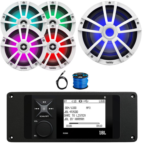 JBL R3500 Marine Bluetooth USB/AUX AM/FM Radio Weather-Resistant Digital Media Stereo Receiver w/Install Adaptor Plate, 4x 6.5" 225W Max RGB White Speakers, 10" 750W Max RGB Subwoofer, Antenna, Wire