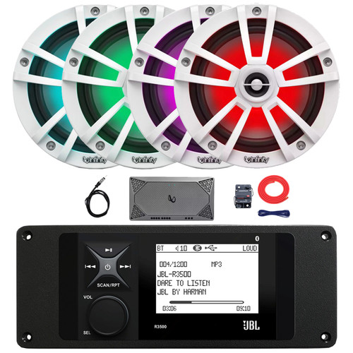 JBL R3500 Marine Bluetooth USB/AUX AM/FM Radio Weather-Resistant Digital Media Stereo Receiver w/Install Adaptor Plate, 4x 6.5" 225W Max RGB LED White Boat Speakers, 4-Channel Amplifier w/Kit, Antenna