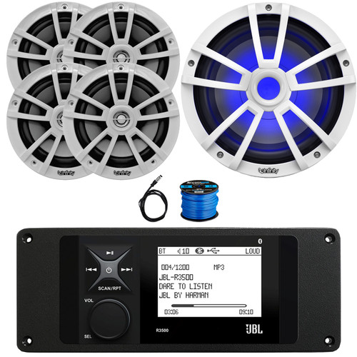 JBL R3500 Marine Bluetooth USB/AUX AM/FM Weather-Resistant Digital Media Stereo Receiver w/ Adaptor Plate, 4x 6.5" 225 Watt Max Power Boat Speakers, 10" 750W Max RGB LED Subwoofer, Antenna, Wire