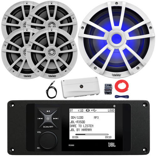 JBL R3500 Marine Bluetooth USB/AUX AM/FM Weather-Resistant Digital Media Stereo Receiver w/ Adaptor Plate, 4x 6.5" 225W Max Speakers, 10" 750W Max RGB LED Subwoofer, 5 Channel Amplifier w/Kit, Antenna