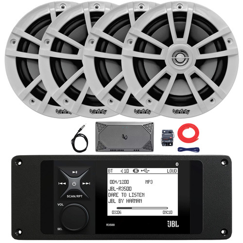 JBL R3500 Marine Bluetooth USB/AUX AM/FM Radio Weather-Resistant Digital Media Stereo Receiver w/Install Adaptor Plate, 4x 6.5" 225W Max Power White Boat Speakers, 4-Channel Amplifier w/Kit, Antenna