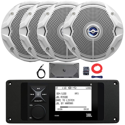 JBL R3500 Marine Bluetooth USB/AUX AM/FM Radio Weather-Resistant Digital Media Stereo Receiver w/Install Adaptor Plate, 4x 6.5" 180W Max Dual Cone Boat Speakers, 4-Channel Amplifier w/Kit, Antenna