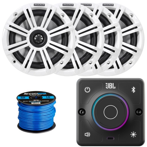 JBL AURA-BT-M Marine Bluetooth Compact High-Performance 2-Way Stereo Receiver, 4x 6.5" 195 Watt Max Power 4-Ohm Boat Coaxial Speakers with Charcoal and White Grilles, 50 Feet 16 Gauge Speaker Wire