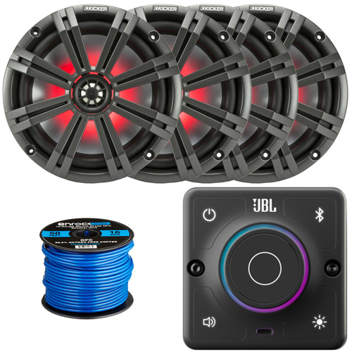JBL AURA-BT-M Marine Bluetooth Compact High-Performance 2-Way Stereo Receiver, 4x Kicker KM65 6.5" 195 Watt Max Power RGB LED Boat Speakers w/Charcoal and White Grilles, 50 Feet 16 Gauge Speaker Wire