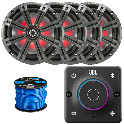 JBL AURA-BT-M Marine Bluetooth Compact High-Performance 2-Way Stereo Receiver, 4x 8" 300 Watt Max Power 2-Way Coaxial RGB LED Boat Speakers W/Charcoal and White Grilles, 50 Feet 16 Gauge Speaker Wire