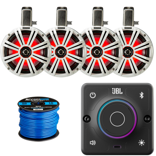 JBL AURA-BT-M Marine Bluetooth Compact High-Performance 2-Way Stereo Receiver, 4x Kicker 8" 300 Watt Max Power 2-Way Coaxial Wakeboard Tower Speakers - White Enclosure w/White Grille, 50 Feet 16G Wire