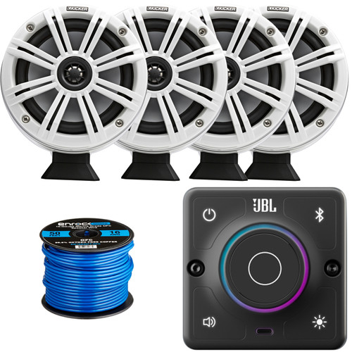 JBL AURA-BT-M Marine Bluetooth Compact High-Performance 2-Way Stereo Receiver, 4x Kicker 46KMFC65W 6.5" 195W Max Power RGB LED White Boat Tower Speakers w/White Grilles, 50 Feet 16 Gauge Speaker Wire