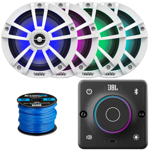 JBL AURA-BT-M Marine Bluetooth Compact High-Performance 2-Way Stereo Receiver, 4x Infinity 6.5" 225 Watt Max Power Waterproof Coaxial RGB LED White Boat Speakers, 50 Feet 16 Gauge Speaker Wire
