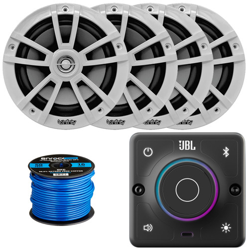 JBL AURA-BT-M Marine Bluetooth Compact High-Performance 2-Way Stereo Receiver, 4x Infinity Reference 622MW 6.5" 225 Watt Max Power High-Performance 2-Way Boat Speakers, 50 Feet 16 Gauge Speaker Wire