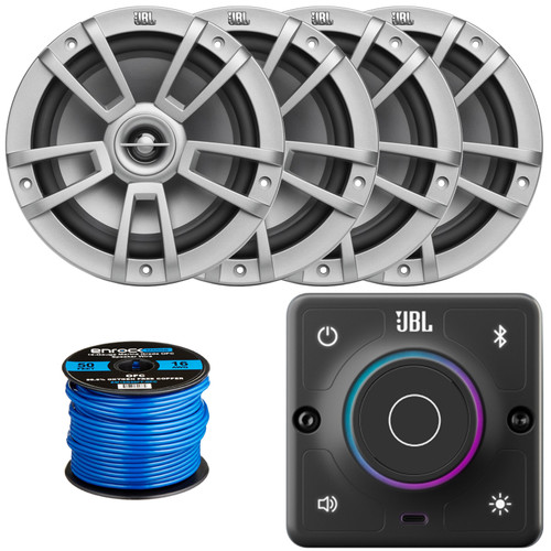 JBL AURA-BT-M Marine Bluetooth Compact High-Performance 2-Way Stereo Receiver, 4x JBL Stage Marine 8" 375 Watts Max Power High-Performance Boat Audio Gray Speakers, 50 Feet 16 Gauge Speaker Wire