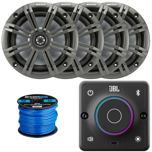 JBL AURA-BT-M Marine Bluetooth Compact High-Performance 2-Way Stereo Receiver, 4x Kicker 6.5" 195 Watt Max Power 4 Ohm Coaxial Speakers W/Charcoal Grilles, 50 Feet 16 Gauge Speaker Wire
