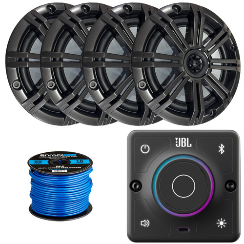 JBL AURA-BT-M Marine Bluetooth Compact High-Performance 2-Way Stereo Receiver, 4x Kicker 6.5" 195 Watt Peak Power 4 Ohm Coaxial Speakers W/Charcoal Grilles, 50 Feet 16 Gauge Speaker Wire