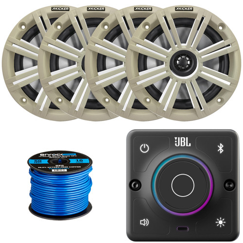 JBL AURA-BT-M Marine Bluetooth Compact High-Performance 2-Way Stereo Receiver, 4x Kicker 6.5" 195 Watt Max Power 4 Ohm Coaxial Boat Speakers W/White Grilles, 50 Feet 16 Gauge Speaker Wire