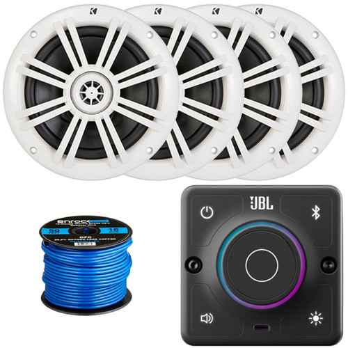 JBL AURA-BT-M Marine Bluetooth Compact High-Performance 2-Way Stereo Receiver, 4x Kicker BKM604W 6.5" 150 Watts Max Power 2-Way Coaxial White Boat Speakers, 50 Feet 16 Gauge Speaker Wire
