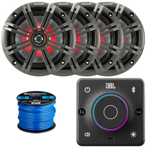 JBL AURA-BT-M Marine Bluetooth Compact High-Performance 2-Way Stereo Receiver, 4x Kicker 6.5" 195 Watt Max Power 4 Ohm Coaxial RGB LED Speakers w/Charcoal Grille, 50 Feet 16 Gauge Speaker Wire