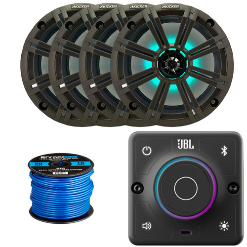 JBL AURA-BT-M Marine Bluetooth Compact High-Performance 2-Way Stereo Receiver, 4x Kicker BKM84L 8" 300 Watt Max Power RGB LED Boat Audio Speakers w/Charcoal Grille, 50 Feet 16 Gauge Speaker Wire