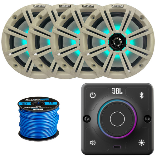 JBL AURA-BT-M Marine Bluetooth Compact High-Performance 2-Way Stereo Receiver, 4x Kicker BKM84L 8" 300 Watt Max Power RGB LED Boat Audio Speakers w/White Grille, 50 Feet 16 Gauge Speaker Wire