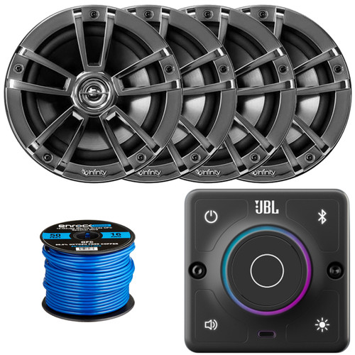 JBL AURA-BT-M Marine Bluetooth Compact High-Performance 2-Way Stereo Receiver, 4x Infinity Reference 6.5" 225 Watt Max Power High-Performance 2-Way Chrome Boat Speakers, 50 Feet 16 Gauge Speaker Wire