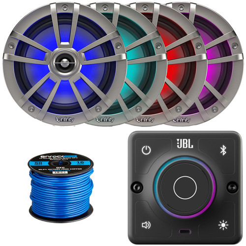 JBL AURA-BT-M Marine Bluetooth Compact High-Performance 2-Way Stereo Receiver, 4x Infinity 6.5" 225 Watt Max Power Waterproof Coaxial RGB LED Titanium Boat Speakers, 50 Feet 16 Gauge Speaker Wire