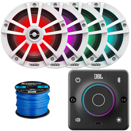 JBL AURA-BT-M Marine Bluetooth Compact High-Performance 2-Way Stereo Receiver, 4x Infinity Reference 6.5" 225W Max Power Waterproof Coaxial White RGB LED Boat Speakers, 50 Feet 16 Gauge Speaker Wire