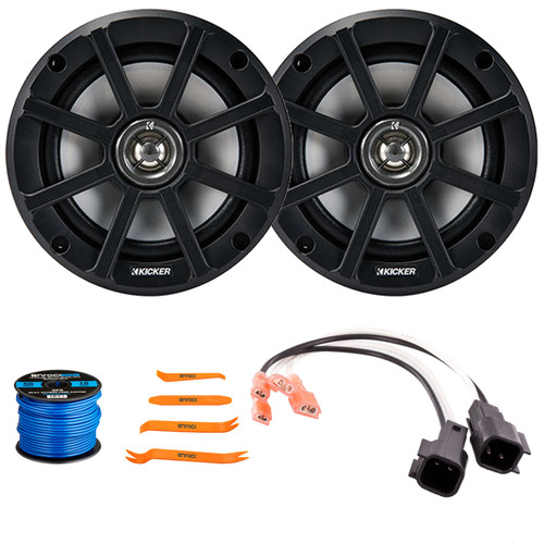 One Pair (QTY 2) Of Kicker PSC65 6.5" 120 Watt Max Power Weather-Proof Powersports 4 Ohm Coaxial Speakers, 50 Feet 16 Gauge Speaker Wire, 4-Piece Pry Tool Set, Speaker Harness for Select Ford Vehicles