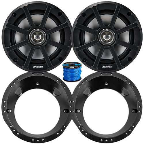 One Pair (QTY 2) Of Kicker PSC65 6.5" 120 Watt Max Power Weather-Proof Powersports 4 Ohm Coaxial Speakers, 50 Feet 16 Gauge Speaker Wire, Speaker Mounting Ring Adapter (Fits Select 1998-2013 HD)