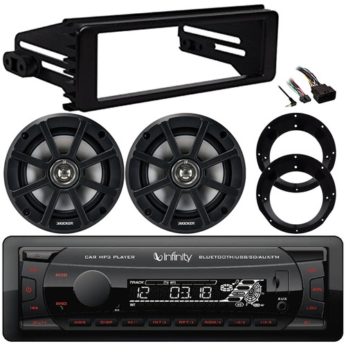 Infinity Alpha 100 Single DIN Bluetooth USB/AUX MP3 Player FM Radio Digital Media Receiver w/Install Kit, 2x 6.5" 120 Watt Max Power 4 Ohm Coaxial Speakers w/Adapters (Fits 1998-2013 Harley Davidson)