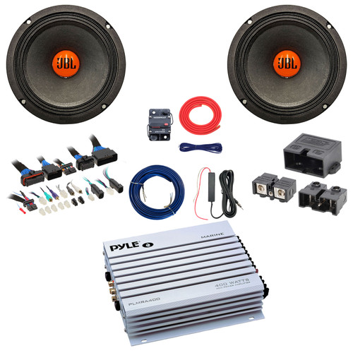2x JBL SHOCKWAVE150W65 6.5" 300 Watt Max Power Midrange Woofer Speakers, 4 Channel 400 Watt Amplifier w/Kit + Booster Kit with Quick Disconnect Power Block, DSP Harness, Speaker Wire