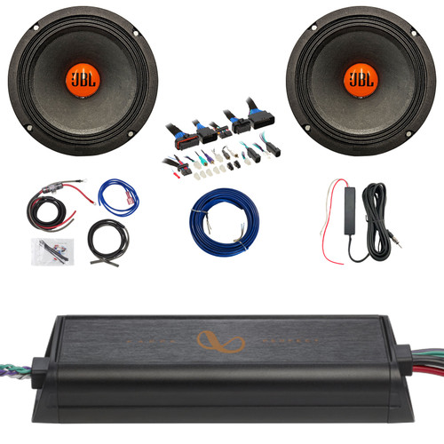 2x JBL SHOCKWAVE150W65 6.5" 300 Watt Max Power Midrange Woofer Speakers, 1250W Max Power Class D Full-Range Amplifier w/8 Gauge Wiring Kit + 12V Amp Booster Kit, DSP Harness, Speaker Wire