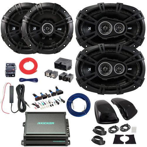 2x Kicker 43DSC6504 6.5" 240 Watt Max Power 2-Way Speakers, 2x 6x9" 360 Watt Max Power 3-Way Speakers w/Adapters, 2-Channel Class AB Amplifier w/Kit + Booster Kit with Power Block, DSP Harness, Wire