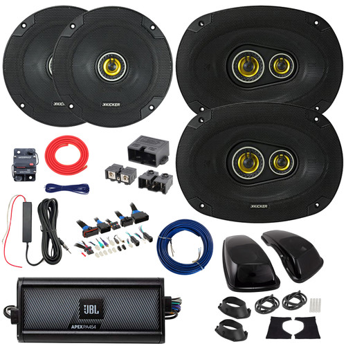 2x Kicker CSC65 CS Series 6.5" 300W Max 4 Ohm 2-Way Coaxial Speakers, 2x 6x9" 450W Max Coaxial Speakers w/Adapters, 4-Channel Class D Amplifier w/Kit + Booster Kit with Power Block, DSP Harness, Wire