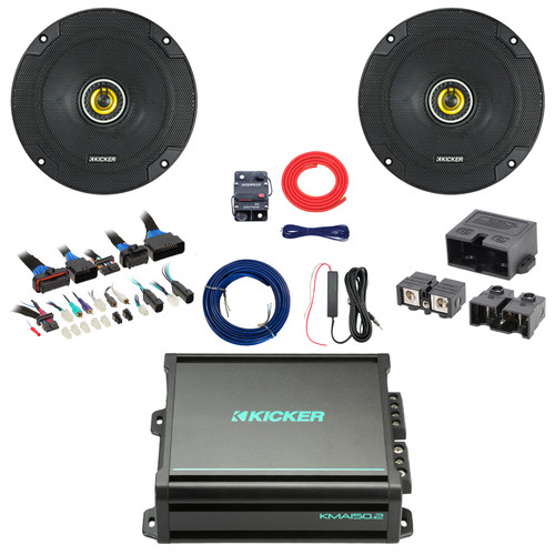 2x Kicker CSC65 CS Series 6.5" 300 Watt Max Power 4 Ohm 2-Way Coaxial Speakers, 2x75 Watts 2-Channel Class AB Amplifier w/Kit + Booster Kit with Quick Disconnect Power Block, DSP Harness, Speaker Wire