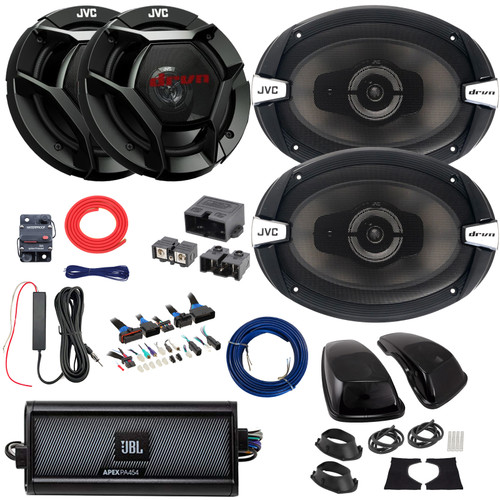2x JVC CS-DR621 drvn DR Series 6.5" 300W Max 2-Way Speakers, 2x 6x9" 500W Max 3-Way Speakers w/Adapters, 4-Channel Amplifier w/Kit + Booster Kit with Quick Disconnect Power Block, DSP Harness, Wire