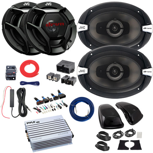 2x JVC CS-DR621 drvn DR Series 6.5" 300W Max Coaxial Speakers, 2x 6x9" 500W Max 3-Way Speakers w/Adapters, 4-Channel Amplifier w/Kit + Booster Kit with Quick Disconnect Power Block, DSP Harness, Wire