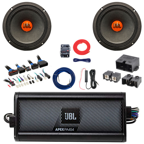 2x JBL SHOCKWAVE150W65 6.5" 300 Watt Max Power Midrange Woofer Speakers, 4-Channel Class D 450W Max Power Amplifier w/ Kit + Booster Kit with Quick Disconnect Power Block, DSP Harness, Speaker Wire
