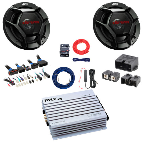 2x JVC CS-DR621 drvn DR Series 6.5" 300 Watt Max Power 2-Way Coaxial Speakers, 4 Channel 400 Watt Amplifier w/ Kit + Booster Kit with Quick Disconnect Power Block, DSP Harness, Speaker Wire