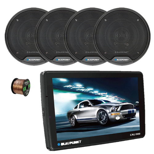 Blaupunkt CALI 900 9" Touchscreen Single DIN Bluetooth WIFI AM/FM Radio Digital Multimedia Receiver, 4x Blaupunkt BPS-E552 5" 40 Watt Max Power 2-Way Car Audio Speakers, 50 Feet 16 Gauge Speaker Wire