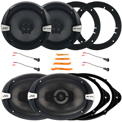 2x JVC CS-DR693 drvn DR Series 6x9" 500 Watts Max Power 3-Way Car Audio Speakers w/Adapters, 2x 6.5" 300W Max Power 2-Way Coaxial Automotive Speakers w/Adapters, 2x Speaker Wire Harness, Pry Tool Set