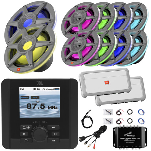 JBL JAM5000N Marine Bluetooth USB/AUX AM/FM Radio Gauge Hole Mount Receiver, 8x 6.5" 300W Max RGB LED Speakers, 2x 10" 900W Max Subwoofer, 2x 5-Channel Amplifier W/Kit & Splitter, Adapter, Antenna