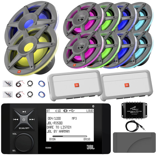 JBL R3500 4" LCD Screen Marine Bluetooth AM/FM Digital Media Stereo Receiver w/Cover, 8x 6.5" 300W Max RGB LED Speakers, 2x 10" 900W Max Subwoofer, 2x 5-Channel Amplifier W/Kit & Splitter, Antenna