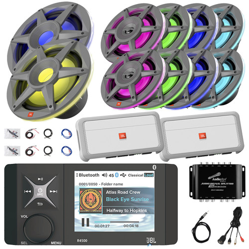 JBL Wake Series R4500 4" LCD Marine Bluetooth USB/AUX WB AM/FM Stereo Receiver, 8x 6.5" 300W Max RGB LED Speakers, 2x 10" 900W Max Subwoofer, 2x 5-Channel Amplifier W/Kit & Splitter, Adapter, Antenna