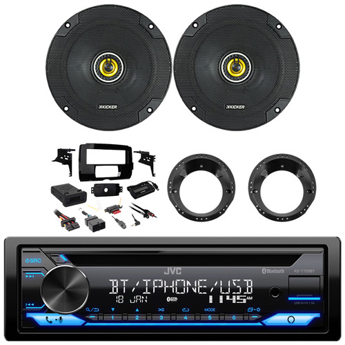 JVC KD-T720BT Single DIN Bluetooth USB/AUX CD Player AM/FM Radio Multimedia Stereo Receiver w/Install Kit + Handle Bar Control Interface, 2x 6.5" 300W Max 4 Ohm 2-Way Coaxial Speakers w/Adapters