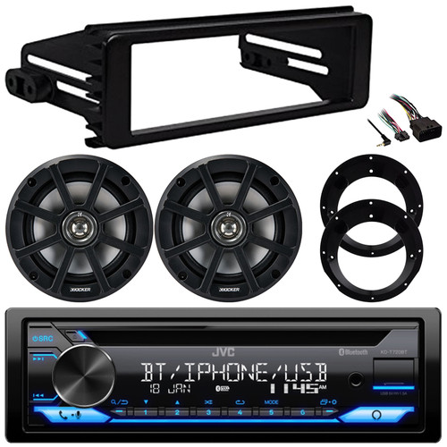 JVC KD-T720BT Single DIN Bluetooth USB/AUX CD Player AM/FM Radio Multimedia Stereo Receiver w/Install Kit, 2x 6.5" 120 Watt Max Power 4 Ohm Coaxial Speakers w/Adapters (Fits 1998-2013 Harley Davidson)