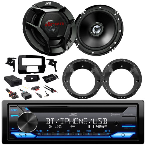 JVC KD-T720BT Single DIN Bluetooth USB/AUX CD Player AM/FM Radio Multimedia Stereo Receiver w/Install Kit + Handle Bar Control Interface, 2x 6.5" 300 Watt Max Power 2-Way Coaxial Speakers w/Adapters